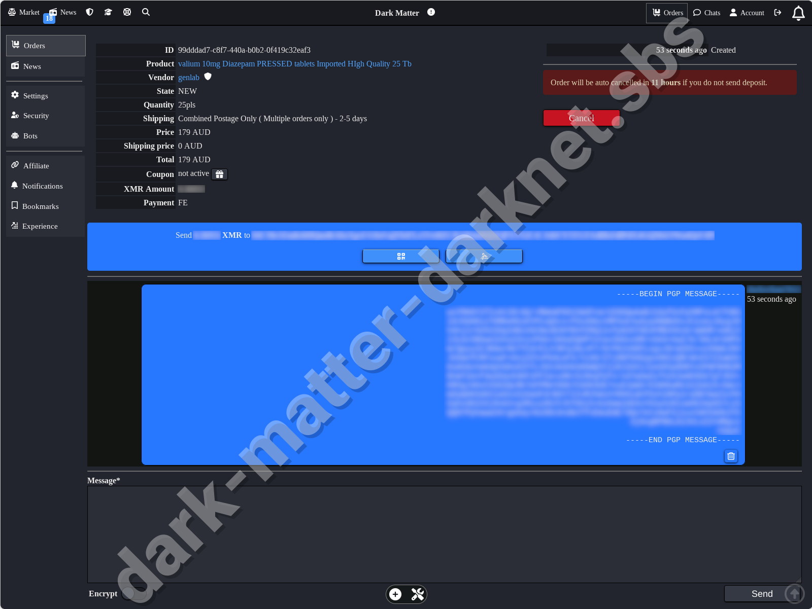 Secure order page on Dark Matter Darknet Market using official Dark Matter Market Link